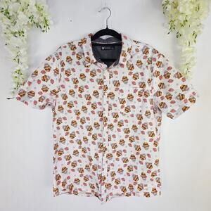 RF Brand Button Up Shirt Mens Large White Skull Floral Short Sleeve Vacation